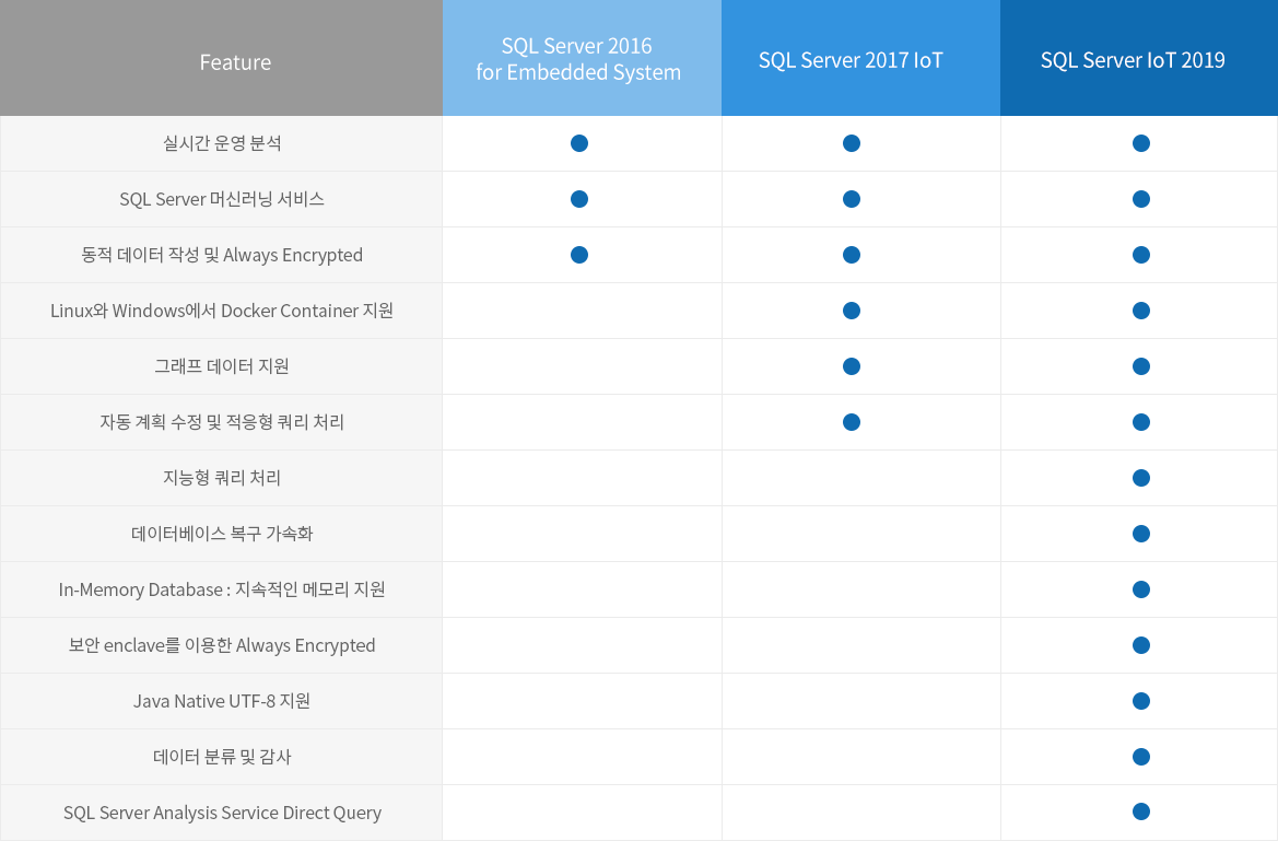 SQL Server IoT 버전 비교 테이블